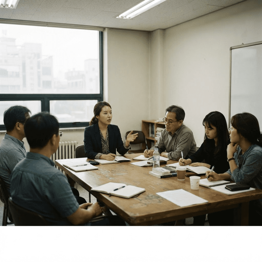 연구센터 회의실에서 연구진이 둘러앉아 세미나를 진행하는 모습